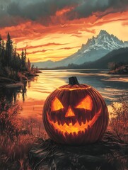 Poster - A glowing jack-o'-lantern sits in front of a lake with mountains in the background.