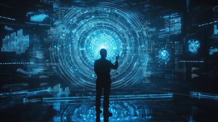 Poster - A professional interacts with holographic data and neural networks in a futuristic office environment at night. Generative AI