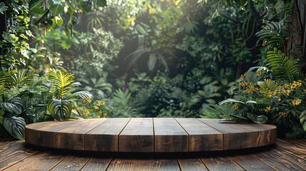 Aufkleber - A wooden podium with rich, natural grain, set against a lush, green foliage background that provides a vibrant.