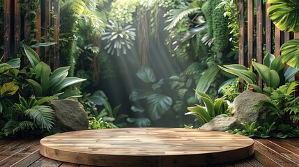 Aufkleber - A wooden podium with rich, natural grain, set against a lush, green foliage background that provides a vibrant.
