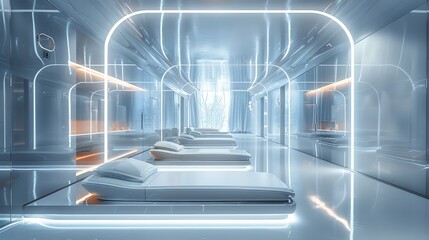 Poster - A sleek, futuristic interior, featuring reflective metal surfaces, sharp lines, and a minimalist design. with smart glass walls, Hot-cold therapy zones with stainless steel and chrome finishes.