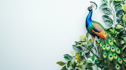 Poster -   A majestic peacock perched atop a verdant tree, its plumage shimmering against the white wall, surrounded by lush greenery