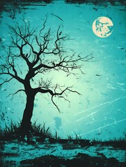 Canvas Print - Silhouette of a bare tree against a blue moonlit sky.