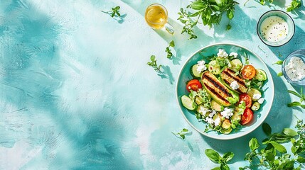 Poster -  A salad with grilled sausages, juicy tomatoes, crunchy cucumbers, and creamy feta cheese on a vibrant blue background