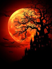 Wall Mural - Spooky silhouette of a castle under a blood red moon.