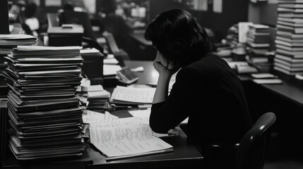 Poster - A Person Sitting at a Desk Surrounded by Stacks of Papers