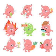 Poster - Cartoon stomach. Human stomach eating hot dog and healthy food, looking and need help. Prevention and treatment, heartburn gastritis nowaday vector icons