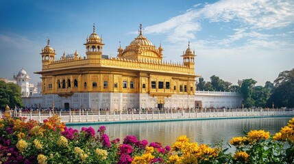 Wall Mural - A stunning view of the Golden Temple with vibrant flowers and a serene water reflection.