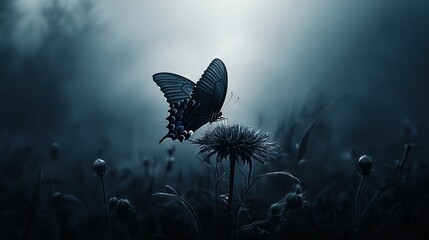 Sticker -   In the dense forest, amidst the fog, a dandelion hosts a butterfly