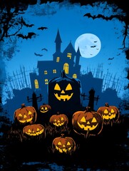 Poster - Spooky pumpkins and a haunted house under a full moon.