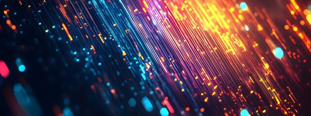 Abstract digital background with colorful glowing lines and futuristic elements, representing technology in a data center or internet network concept