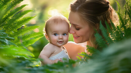 Portrait of Mother with her cute baby in park between fern leaves
