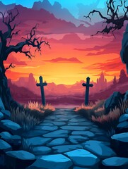 Sticker - A stone path leads towards a vibrant sunset with two crosses in the foreground.