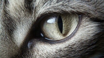 Poster -   A photo captures a feline's eye at close range, while the background shows a fuzzy image of the cat