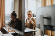 © Maskot - Smiling mature businesswoman holding cup while sitting at desk in office