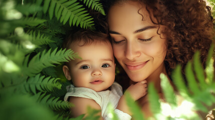 portrait of mother with her cute baby in park between fern leaves