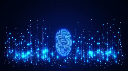 Poster - Glowing Fingerprint, Digital Data Stream, Biometric Security And Digital Identity Concept