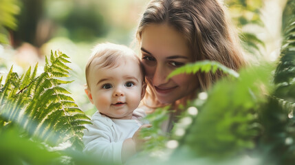 portrait of mother with her cute baby in park between fern leaves