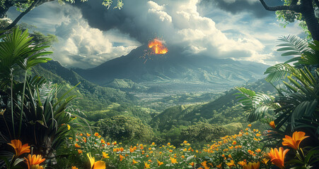 Poster - A tropical forest with wild flowers with a volcano erupting in distance.