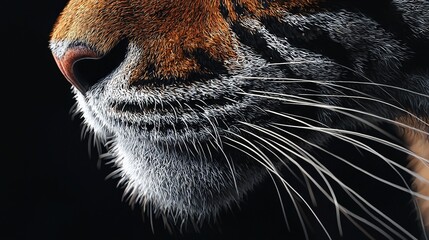   A black background showcases the tiger's face with distinct white whiskers on its fur in a close-up shot