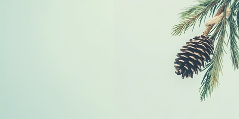 Poster - A pine cone hangs from a branch against a light blue background.