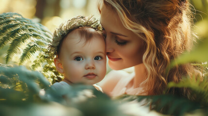 Portrait of Mother with her cute baby in park between fern leaves
