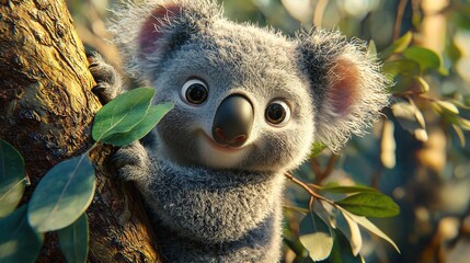 Canvas Print -   A koala's face fills the frame as it clings to a leaf-covered branch, its eyes wide and alert