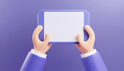 Poster - A pair of stylized hands holds a tablet with a blank screen against a soft purple background, suggesting technology and creativity.
