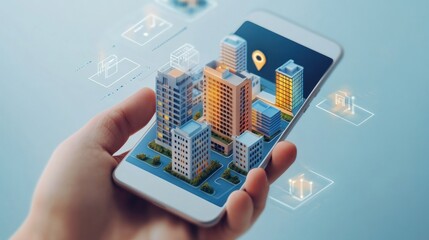Poster - Hand Holding a Smartphone Displaying a 3D Model of City Buildings