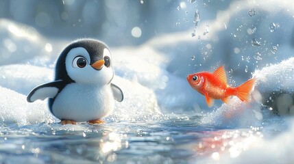 Poster -   A penguin and a goldfish swimming in a snow-covered lake surrounded by trees