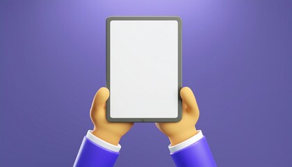 Poster - A cartoonish illustration of hands holding a blank tablet against a purple background.