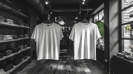 Canvas Print - A clothing store featuring black and white plain t-shirt, contemporary aesthetic.