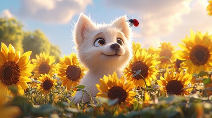 Poster -   A white dog in a sunflower field with a ladybug on its back