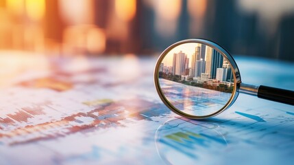 Poster - A Magnifying Glass Reveals a Cityscape Through Charts and Graphs