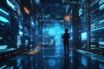 Aufkleber - A professional interacts with advanced holographic data in a futuristic, illuminated environment full of neural network patterns. Generative AI