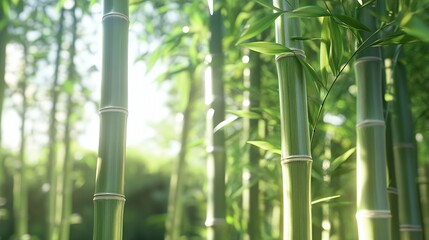 Close-up of bamboo stalks in a forest with sunlight shining through the leaves.