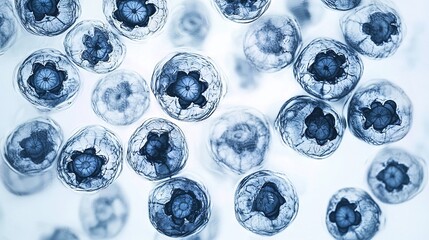 Poster -   A collection of transparent vases arranged on a white table, adorned with blue blossoms