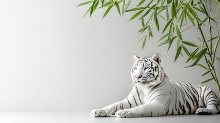 Poster -   A white tiger lounging on a white table beside a towering green plant against a white backdrop