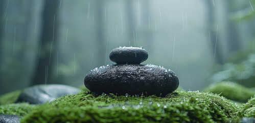 Poster - Closeup of a dew-covered Zen stone balanced on a mossy forest floor.