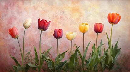 Poster -   A vibrant group of red-yellow tulips against a blush pink-yellow wall, set against a backdrop of lush green foliage (45