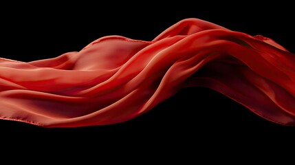 Red silk scarf flow in front of black background. Abstract fabric curve flying on dark backdrop. Elegant fashion and beauty magazine mockup design.with generative ai