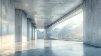 Poster - Abstract of concrete interior with sun light cast the shadow on the floor, Geometric structure design,Museum space on mountains view background, Perspective of brutalism architecture.