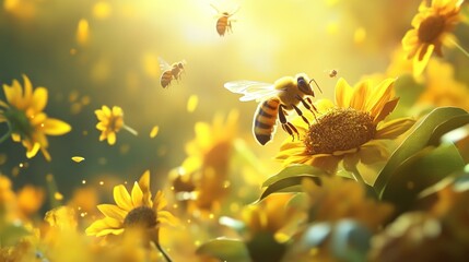 A Honeybee Gathering Pollen from a Yellow Sunflower