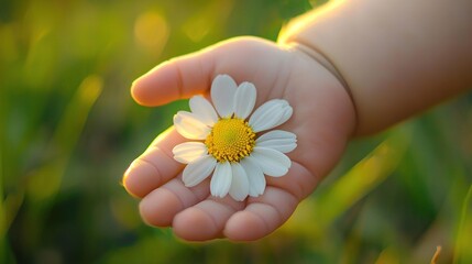 Wall Mural -   A close-up of a child holding a small white and yellow flower amidst a field of grass