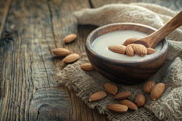 Wall Mural - Almond milk with almond in a wooden spoon and bowl on a wooden (selective focus; close-up shot) - generative ai