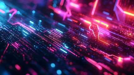 Abstract digital background with colorful glowing lines and futuristic elements, representing technology in a data center or internet network concept