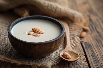 Wall Mural - Almond milk with almond in a wooden spoon and bowl on a wooden (selective focus; close-up shot) - generative ai