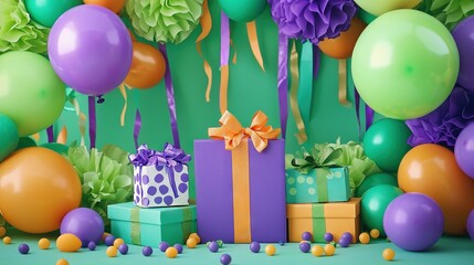 Sticker -   A group of colorful presents, adorned with balloons and streamers, is displayed in front of an alluring green, purple, and orange backdrop