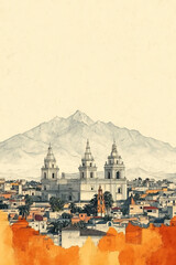 Arequipa, Peru, color pen pencil hand-drawn effect drawing illustration for travel poster, card, wallpaper, backdrop or banner. Modern, clear, artistic and simple