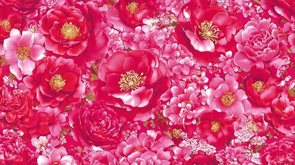 Poster -   A detailed image of numerous pink blossoms set against a vibrant red backdrop with interspersed white and yellow blooms, filling the frame